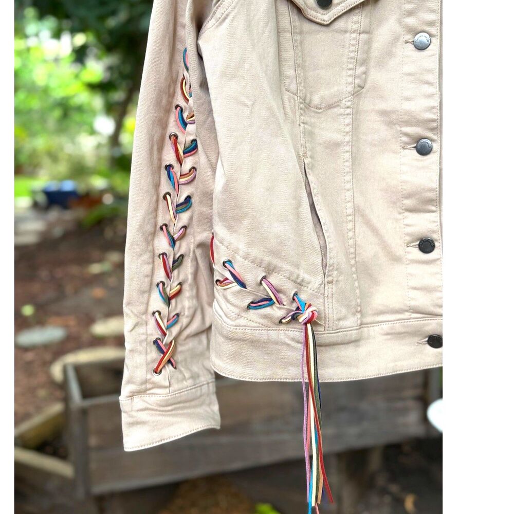 Peace Love World Cotton Beige Denim Jacket MultiColor Baseball Weave Detail SZ L - Picture 10 of 13